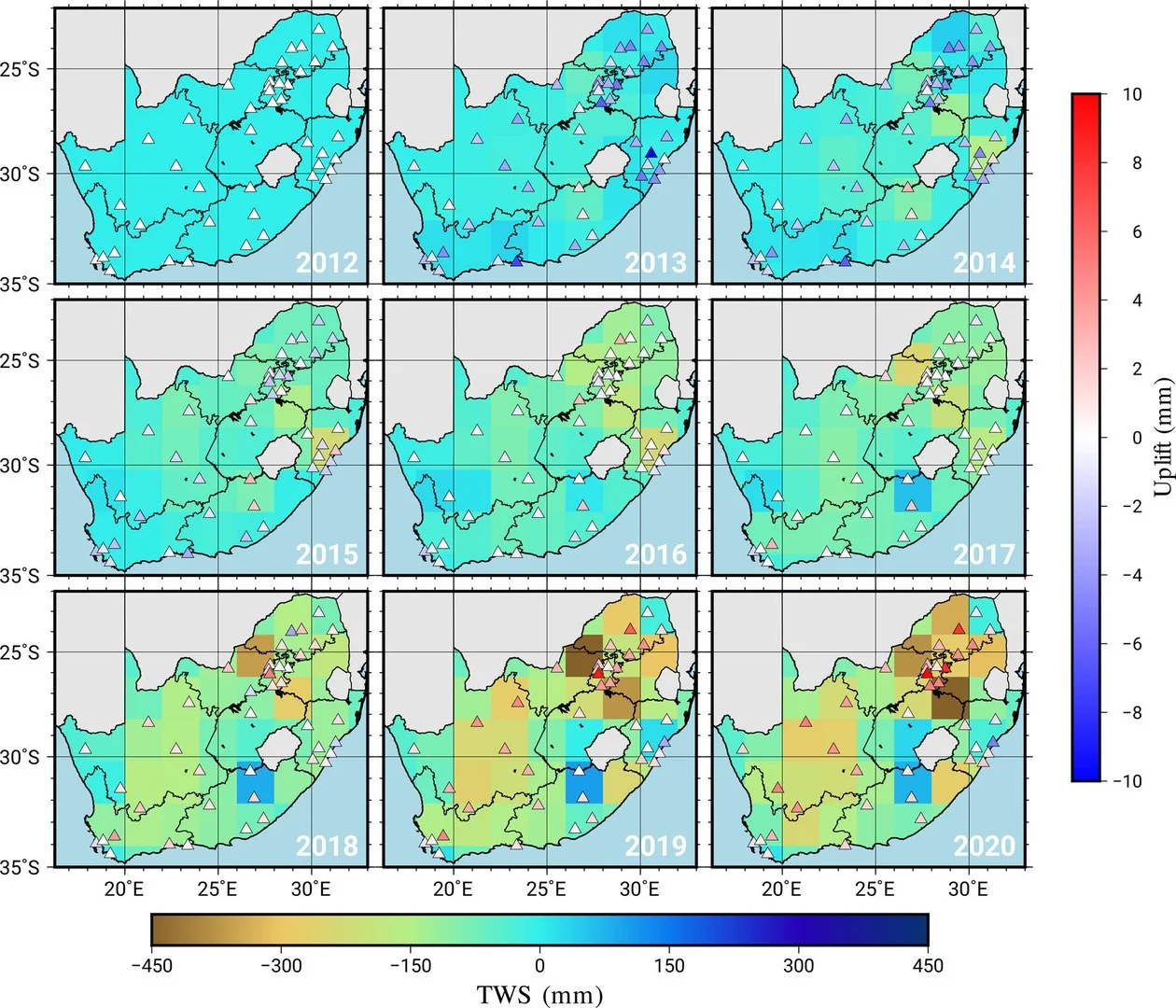 Die Grafik zeigt die Wasserverluste und -gewinne - in Südafrika zwischen 2012 und 2020. Je brauner eine Region gefärbt ist, desto stärker der Verlust. Die Dreiecke stehen für die GPS-Stationen. Eine Rotfärbung zeigt an, dass sie seit 2012 gestiegen sind.